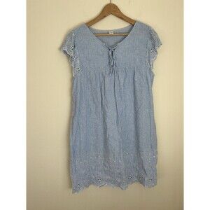 Old Navy Size L Coastal Preppy Dress Stripe Blue Eyelet Floral Shift Mini Linen
